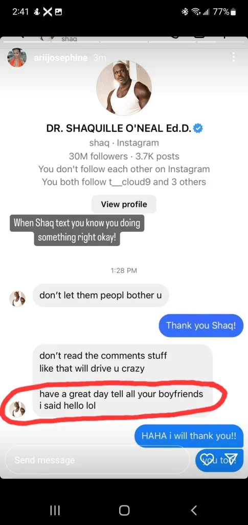 Shaq DMd the Home Depot girl Ariana Cossie